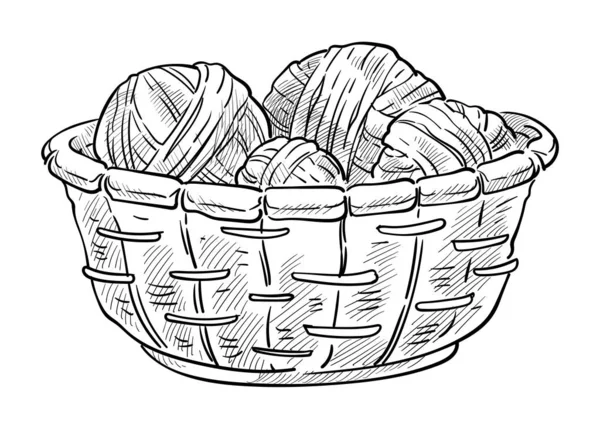 Sewing Knitting Woolen Thread Balls Wicker Basket Isolated Sketch Vector — 스톡 벡터