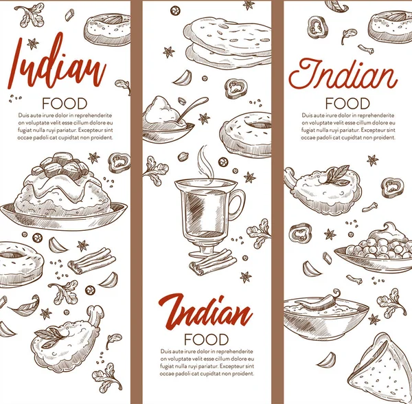 Cibo Indiano India Cucina Ristorante Menu Schizzo Striscioni Vettore Pollo — Vettoriale Stock