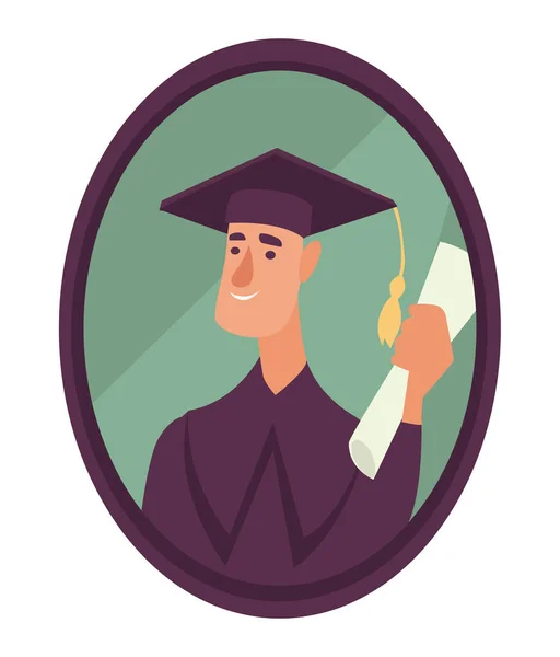 Estudiante en sombrero académico con foto de diploma en el marco, icono aislado — Archivo Imágenes Vectoriales
