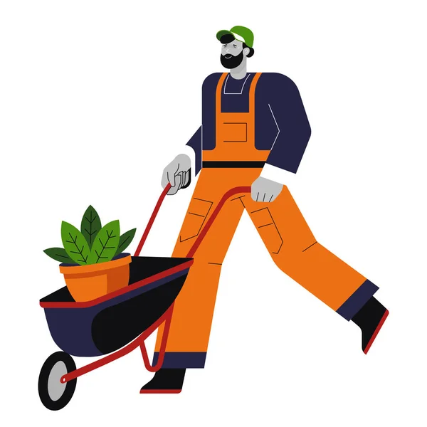 Zahradník s invalidním vozíkem a rostlinou v květináči, zahradničení a výsadba, izolovaný charakter — Stockový vektor