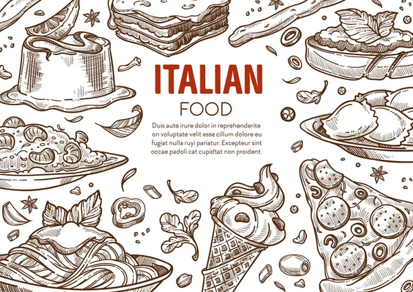 Pasta y pizza, platos de cocina italiana, menú de restaurante en Italia — Vector de stock