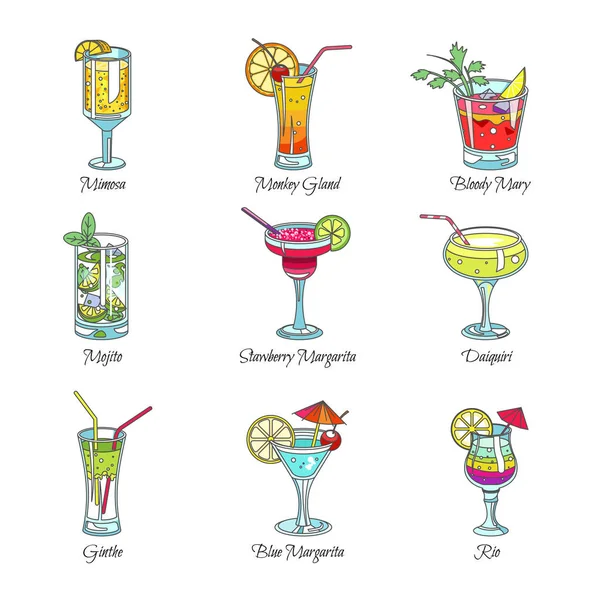 Cocktails insamling av alkoholhaltiga drycker med sugrör och frukt — Stock vektor