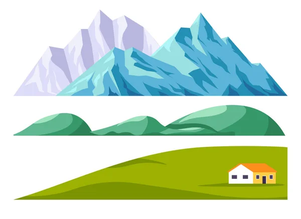 Construtor de paisagem conjunto com montanhas e campo verde —  Vetores de Stock
