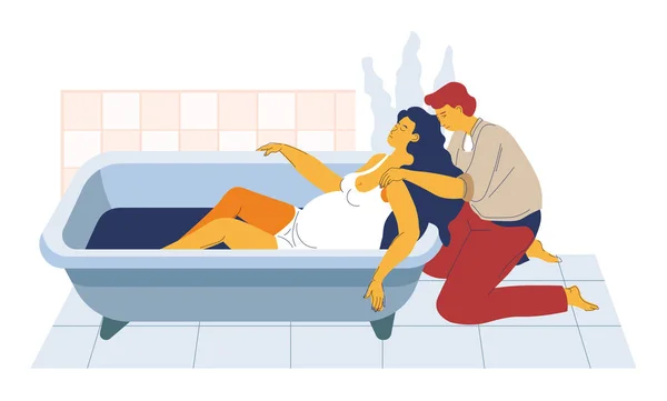 Accouchement dans le bain, femme enceinte dans le bain et soutien de l'homme — Image vectorielle