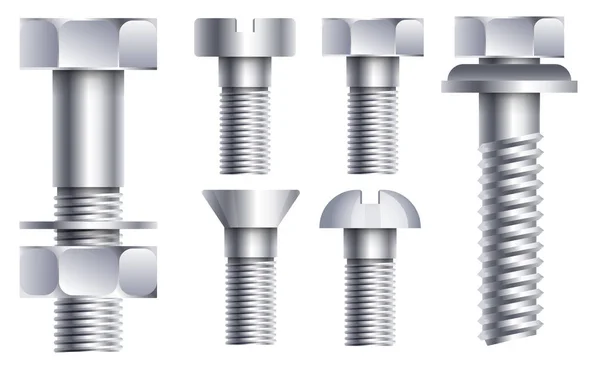 Hex head bolt and nut hardware parts in chrome side view — 스톡 벡터