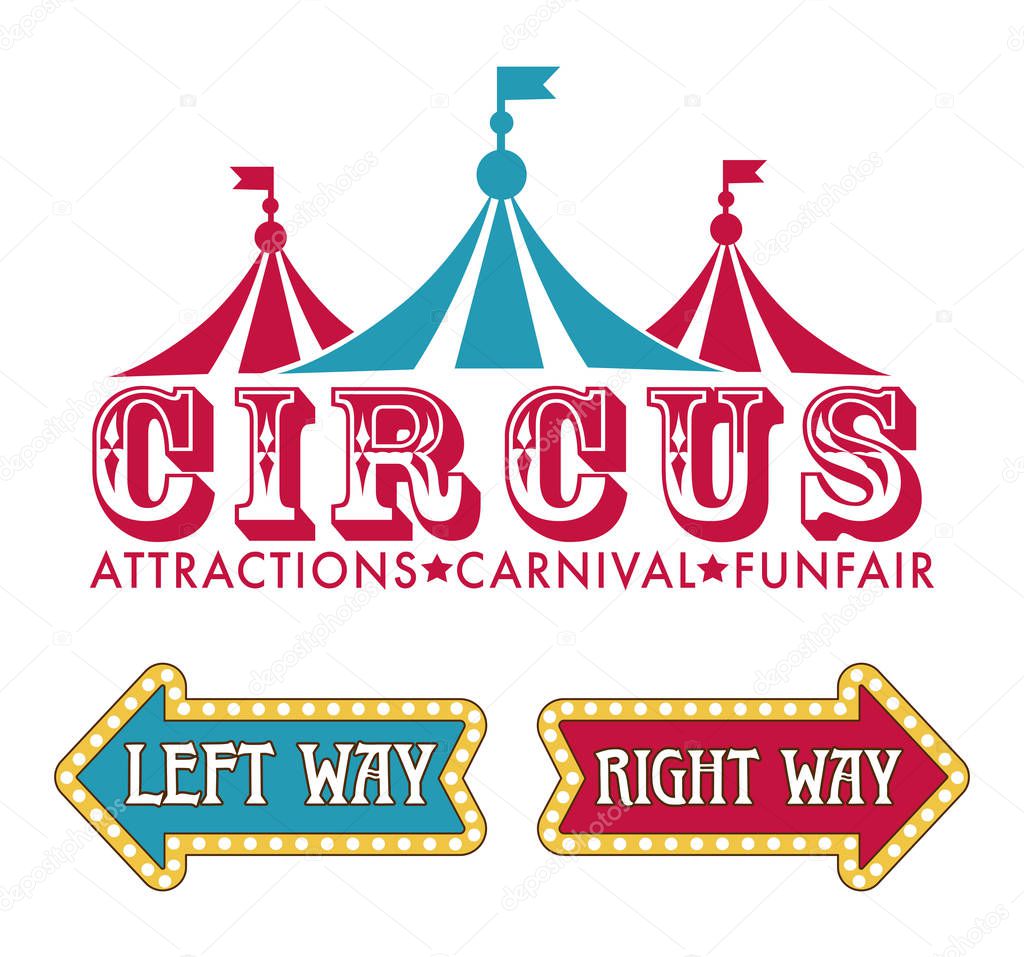 Circus carnival isolated icon, fairground or fun fair label, isolated icon vector. Striped big top tent with flags, entertaining event emblem or logo. Attractions and show, direction pointers