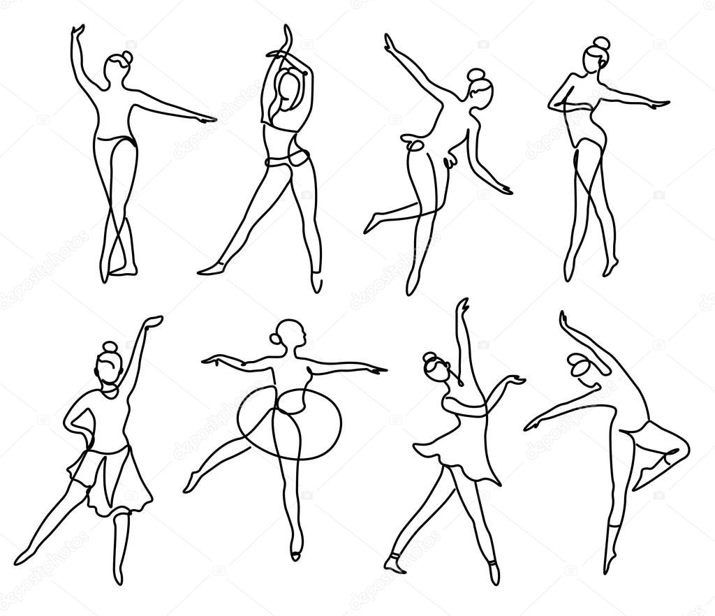 Continuous line sketch drawing of ballet dancer different positi