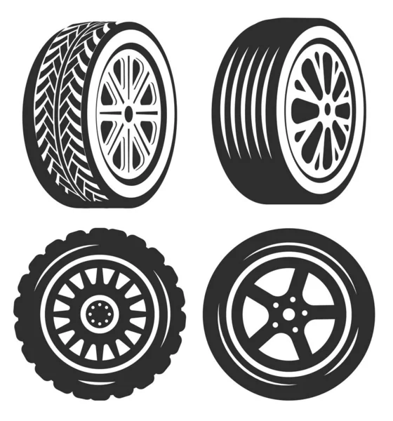 Ícones isolados de pneus de carro, parte de bicicleta ou automóvel —  Vetores de Stock