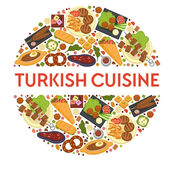 Platos de cocina turca, menú de restaurante, comida de Turquía — Vector de stock