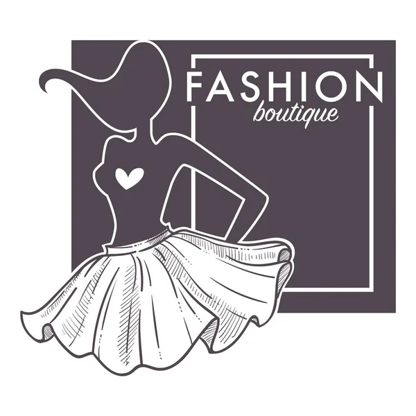 Fashion boutique monochrome logo with model sillouette in flared — Stock Vector