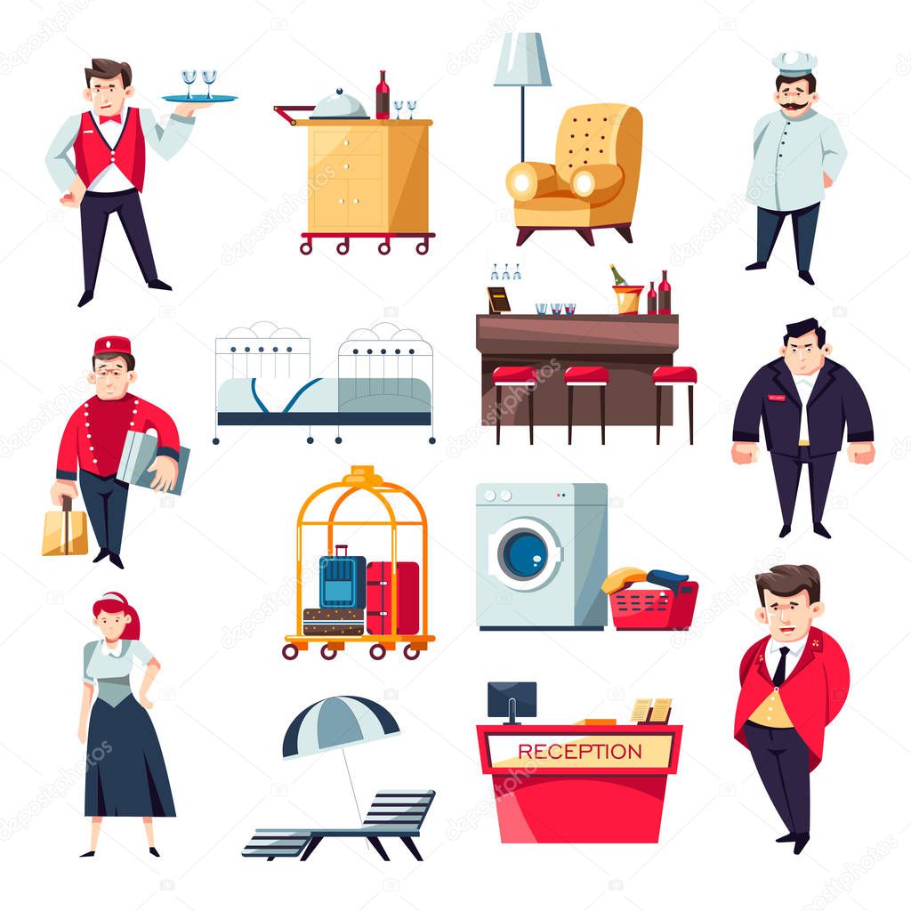 Hotel services concept and staff collection of icons 