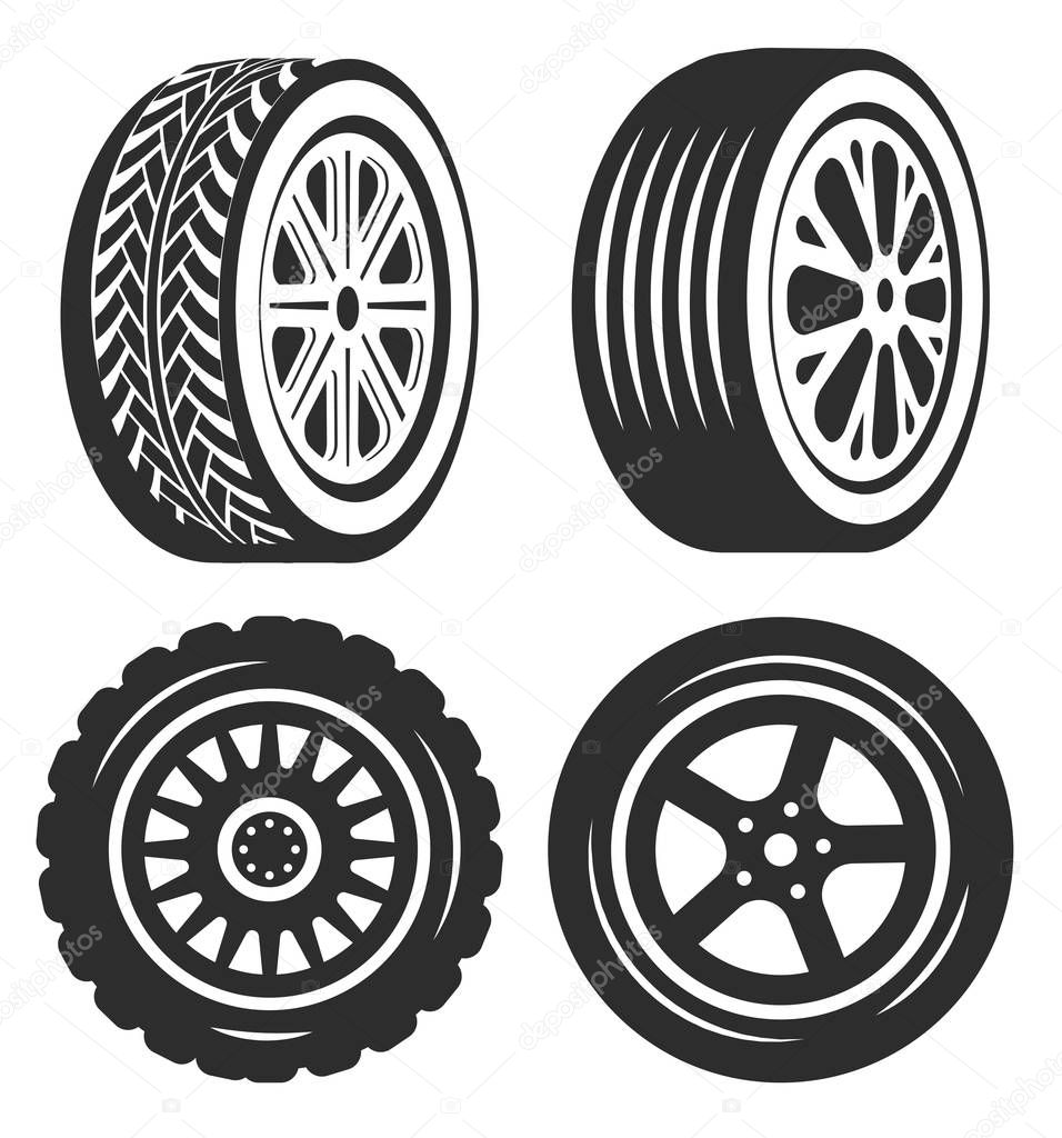 Car tire isolated icons, bike or automobile part