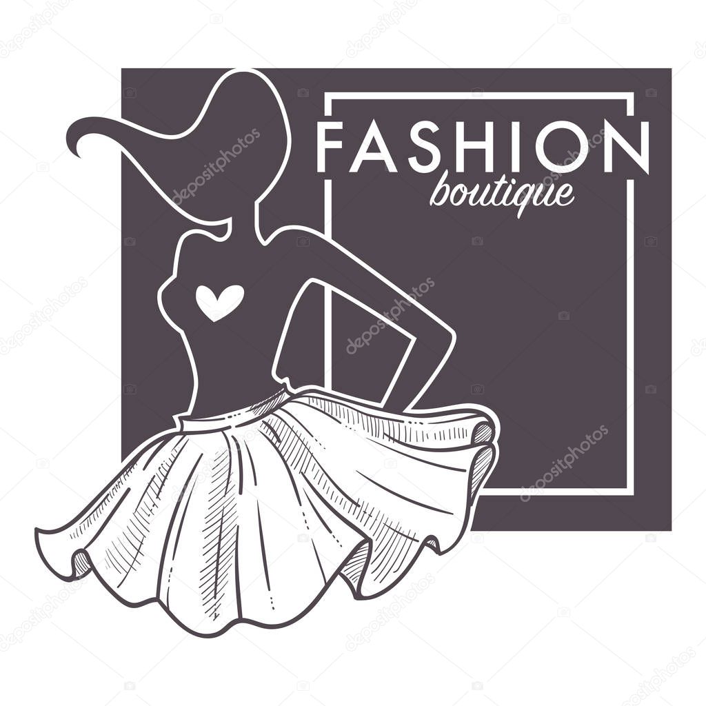 Fashion boutique monochrome logo with model sillouette in flared