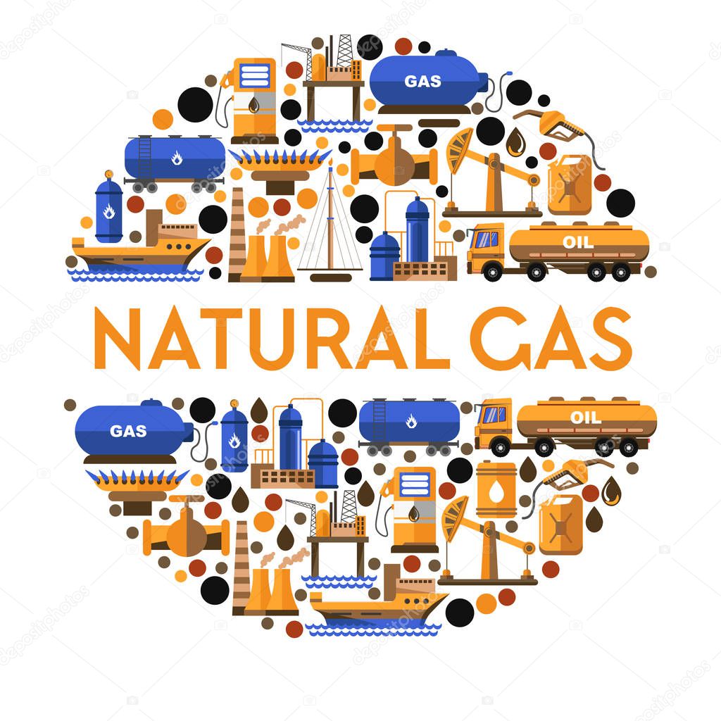 Natural gas isolated icon or banner, station and mining equipmen