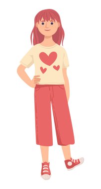 Redhead young girl standing. Schoolgirl wearing red culottes shorts, heart printed t-shirt and keds. Kid attending primary school, early teen years, childhood. Vector illustration on white background.