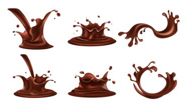 Chocolate splashes set. Cocoa drink, coffee, brown thick liquid splashing, pouring, spill, in motion. Realistic design beverage drops, swirl, mock up for product advertising and marketing. Vector.