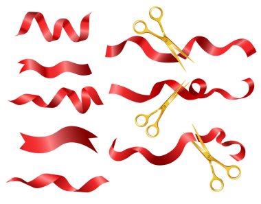 Gold scissors cutting red ribbon set, different angles. Opening ceremony silk fabric tape swirls collection. Official startup symbol, ceremonial celebration. Realistic vector illustration on white.