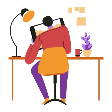 Designer or illustrator drawing on tablet at table isolated character vector. Man artist and modern technologies, desk and digital pad, creator and art. Guy in study room, artwork creation process