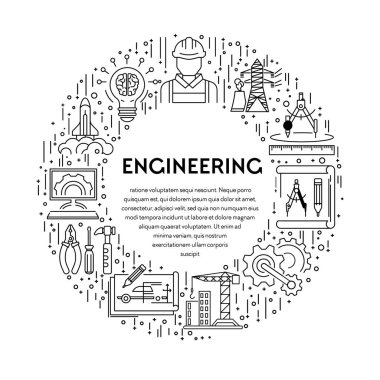 Engineering line icons on emblem or banner vector. Genetics and construction, machinery and electricity, IT and space technologies. Draft and divider, DNA and repair tools, spaceship and light bulb