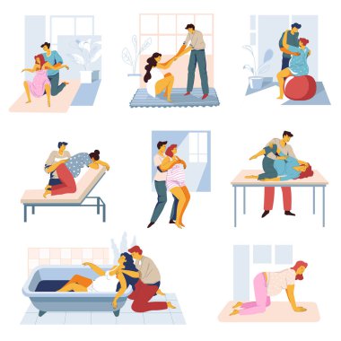 Preparing for childbirth, pregnant woman and man exercising before giving birth isolated icons vector. Pregnancy courses, partners in hospital or gym and bath. Husband and wife on yoga and home