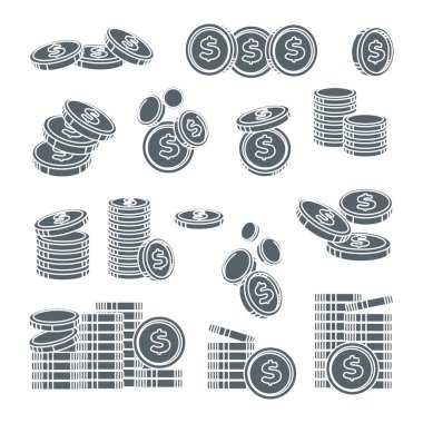 Dollar coins in row or falling down. Tall stack of silver cent coin monetary change cash, money savings, income, financial investment, banking and economy. Vector illustration on white background.