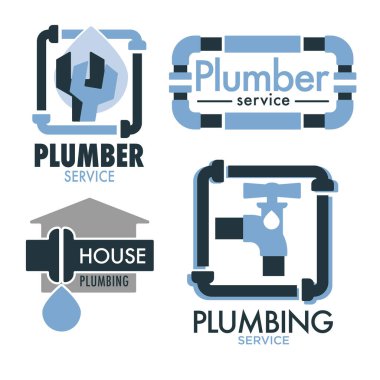 Tesisat servis logosu hazır. Tesisatçı tamir ediyor. Boru hattı, çerçeve olarak borular, kaçak su damlası, anahtar, boru anahtarı ve ev taslağı. Lağım sistemi, musluk musluğu. Mavi vektör çizimleri.