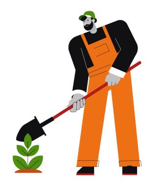 Gardening work, elderly man with spade and tree or vegetable sprout vector. Shovel tool and plant, male character, farmer in overalls planting and growing. Garden cultivation and agriculture, farming