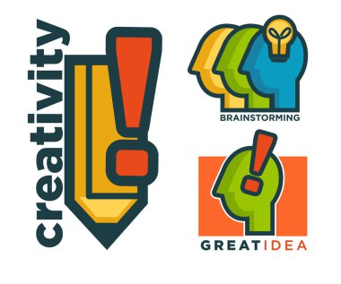 Creativity, great idea logo set with exclamation point or light bulb on top of human head profile. Brainstorming, teamwork, inspiration concept for business and advertising. Vector illustration.