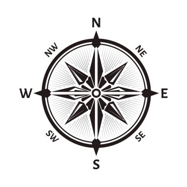 Compass wind rose, windrose icon. Navigational instrument showing direction with arrow on round face, eight principal winds, vintage device. Travel location and exploration. Vector illustration.