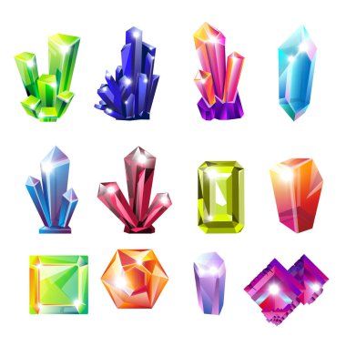 Natural resources, crystals or uncut gemstones, geology and jewelry materials isolated icons vector. Diamond and brilliant sharp facets, sapphire and amethyst. Tourmaline, aquamarine and ruby, topaz