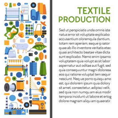 Cotton and wool or silk textile production factory banner vector. Field flowers, silkworm and sheep fur, fabric and thread coils, industrial machine. Car and plant building, sewing machine and needles