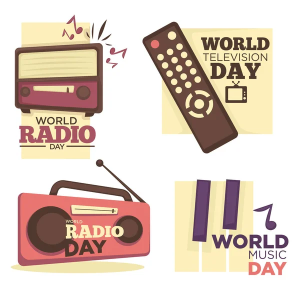 Wereld Radio Muziek Televisie Dag Logo Set Vintage Ontvanger Retro — Stockvector