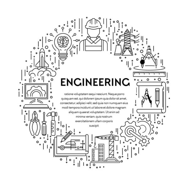 Engineering Line Icons Emblem Banner Vector Genetics Construction Machinery Electricity — Stock vektor
