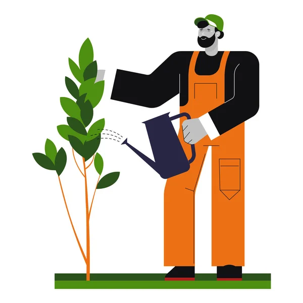 Garden Orchard Man Planting Watering Tree Isolated Character Vector Male — Stok Vektör