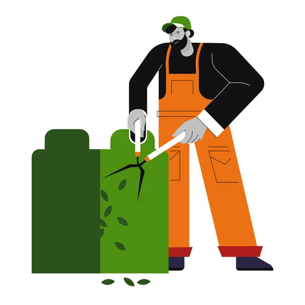 Gardener Trims Plants Garden Man Cutting Hedge Park Pruning Shears — Stok Vektör