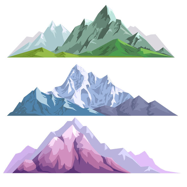 Landscape constructor set. Mountains of different shapes, colors. High snowy peaks and rocky landforms. Collection of natural elements for landscaping design. Colorful graphic vector illustration.