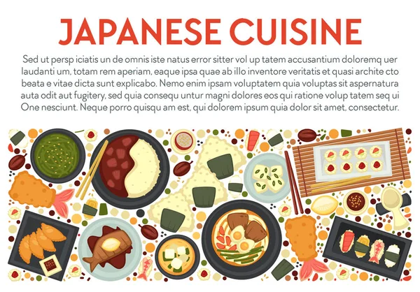 Oriental Food Seafood Japanese Cuisine Dishes Meals Banner Vector Sushi — Stock vektor