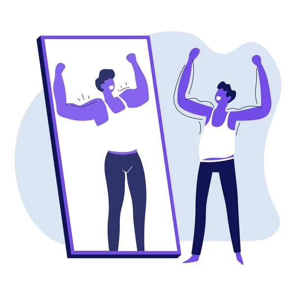 Man Standing Mirror Bodybuilder Reflection Isolated Icon Vector Guy Overestimate — Stok Vektör