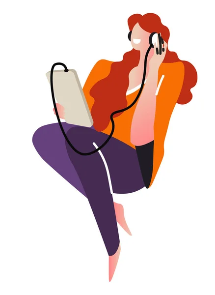 Girl Listening Music Smartphone Headphones Isolated Character Vector Melody Song — Stok Vektör