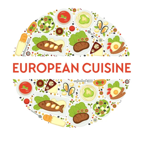 European Cuisine Banner Icons Set Circle Sausages Fried Eggs English — 스톡 벡터