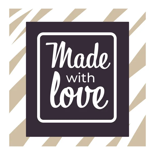 Made with love logo with lettering in cursive font, dark frame, zebra print background. Handmade, hand crafted product packaging design emblem, tag template. Graphic vector illustration. — Stock Illustration Made Love Logo Lettering Cursive Font Dark Frame Zebra Print Stock Illustration