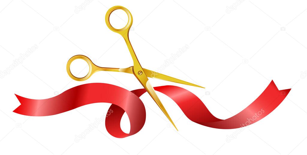 Gold scissors cutting red ribbon for opening ceremony. Shiny tool cuts swirling silk fabric tape. Official startup, ceremonial celebration. Realistic colorful vector illustration on white background.