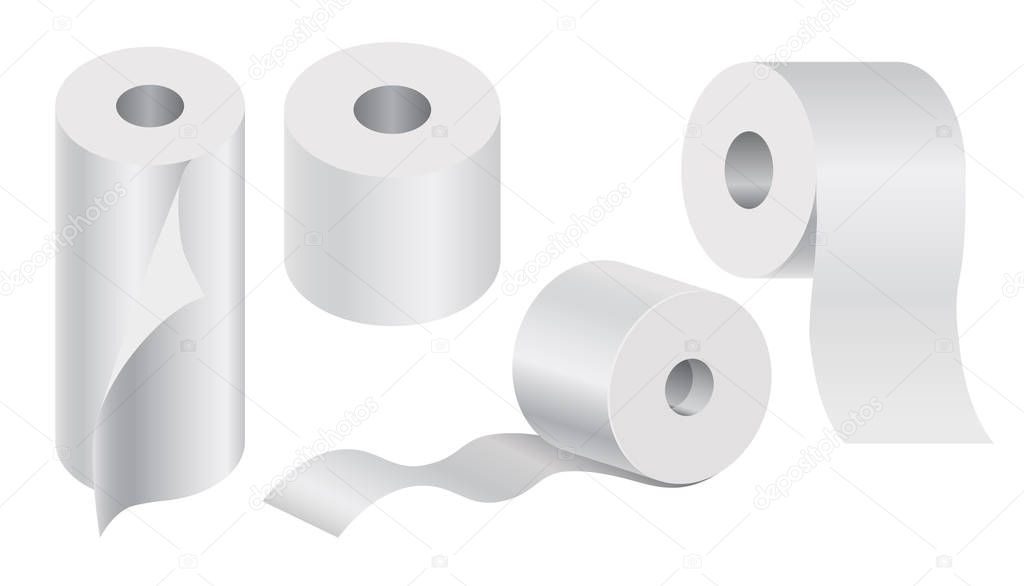 Toilet paper roll mock up set, different angles view. Realistic blank white kitchen towel, tissue with curled angle. Shiny hygiene household item for restrooms. Isolated graphic vector illustration.