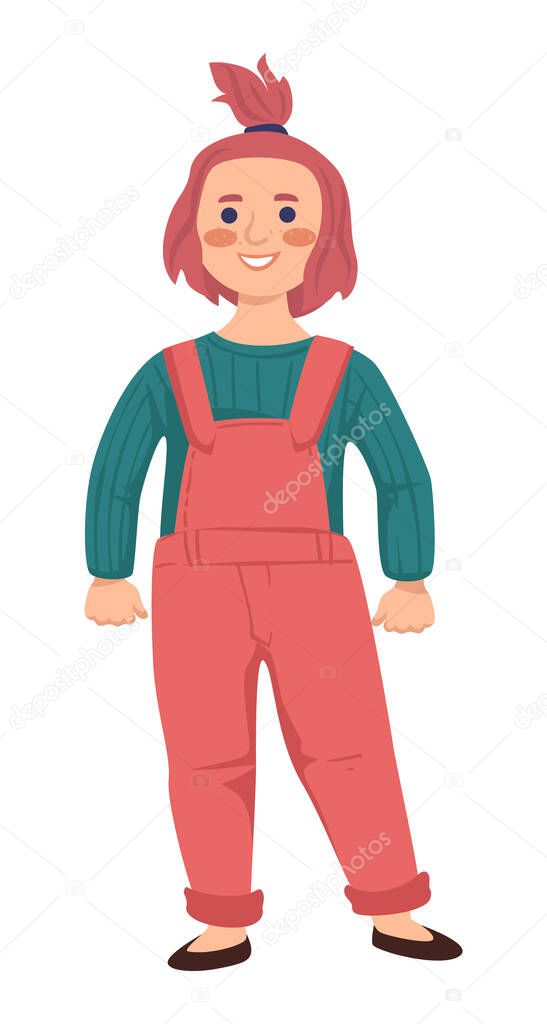 Redhead little girl with ponytail, toddler kid standing in red overalls and green sweater. Early childhood age female, preschool child attending kindergarten. Vector illustration on white background.