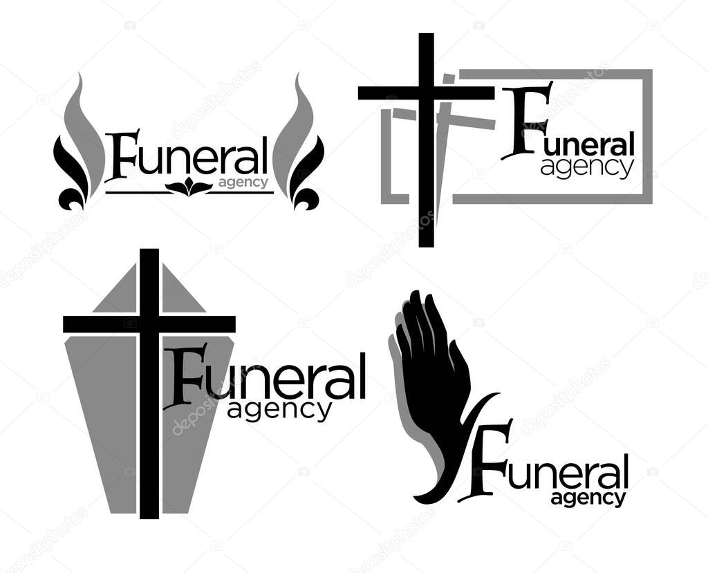 Funeral services agency isolated icons, gravestone and cross or candle vector. Burring process and interment arrangement emblems or logo, mourning symbols. Death rituals and cemetery tombstone
