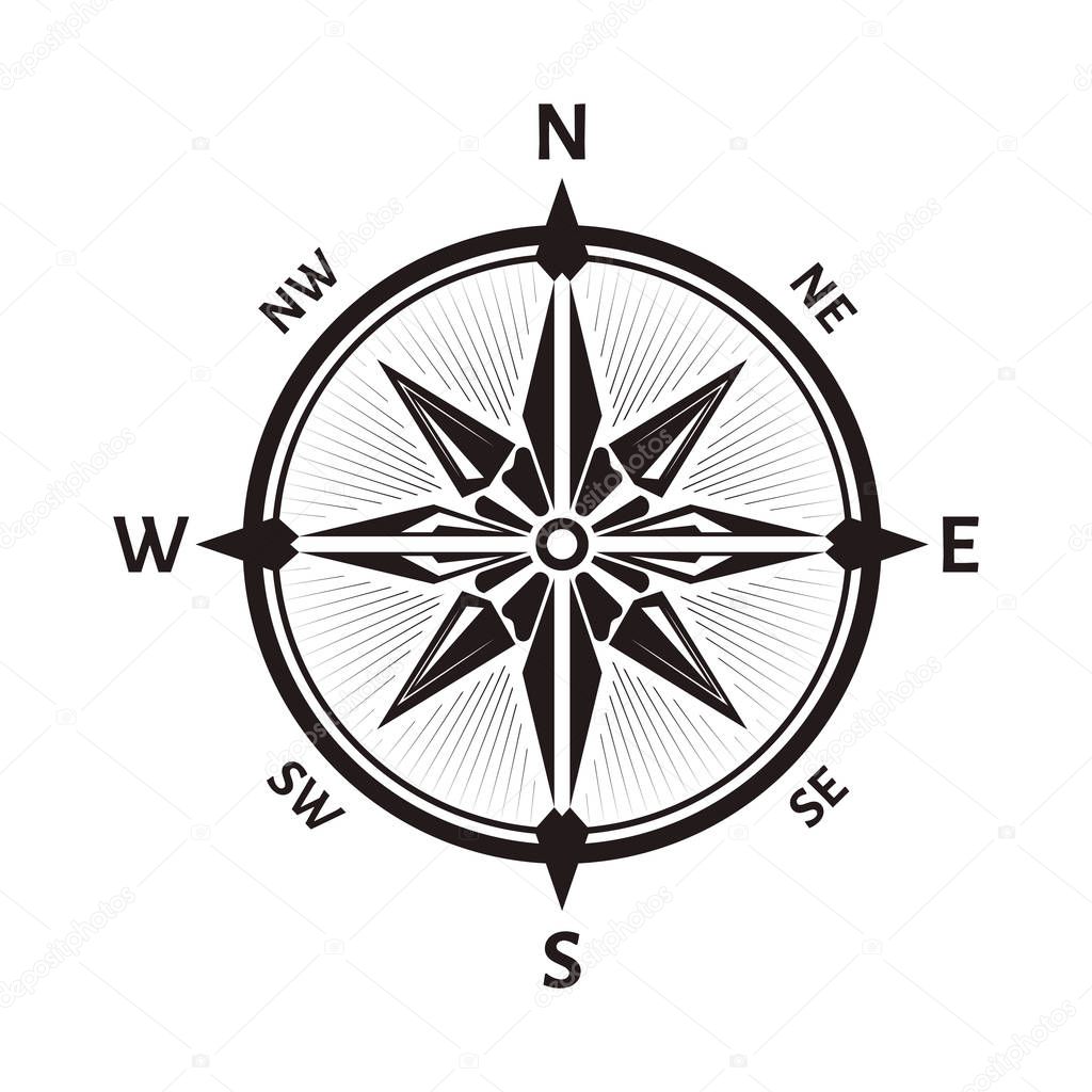 Compass wind rose, windrose icon. Navigational instrument showing direction with arrow on round face, eight principal winds, vintage device. Travel location and exploration. Vector illustration.