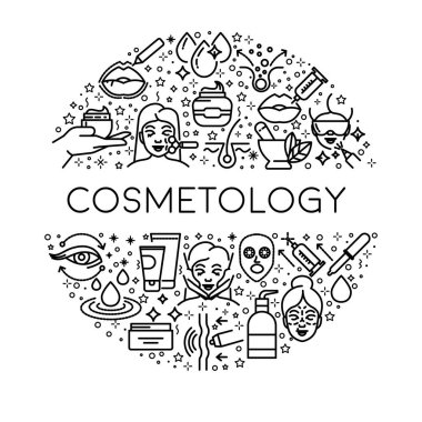 Kozmetoloji ve cilt bakımı, izole ikon vektörü. Güzellik terapisi, vücut bakımı ve sağlık hizmetleri, sağlık ve tedavi sembolleri. Maske ve masaj, krem ve enjeksiyon, manikür ve gençleştirme