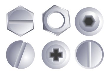 Hex bolt and nut, hardware heads set, top view, close up. Socket cap screw, fastener, hexagonal, metal, shiny stainless steel or chrome parts. Isolated graphic vector illustration on white background.