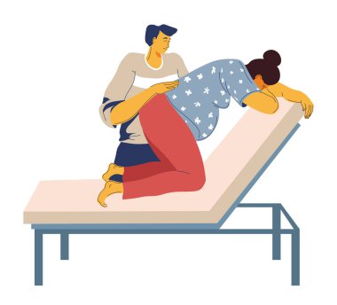 Position of pregnant woman with contractions, doctor and girl with belly giving birth hospital bed isolated icon vector. Husband helps childbirth, labor position. Couple and partners, husband and wife