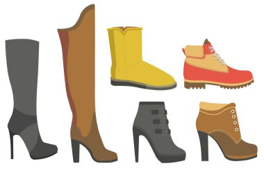 Shoe boots and women footwear collection for fall and winter, side view. Knee length, leather, on high hell or flat laced boot. Different style ladies fashion accessory. Isolated vector illustration.